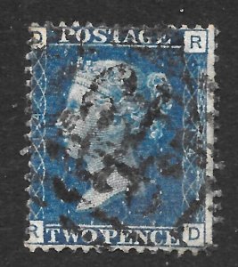 GB QV, 1869 SG46, 2d BLUE, Thin Lines,  PLATE 14 (RD)    Good Used,