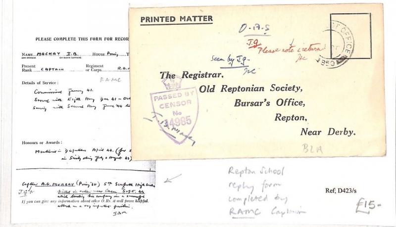 GB Cover Printed Matter REPTON SCHOOL Reply Form RAMC Captain WW2 c1944 BD68