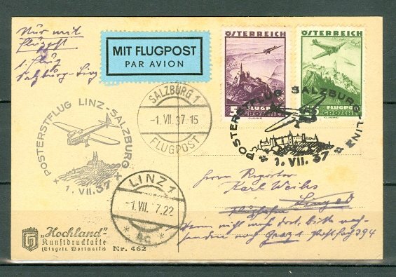 AUSTRIA 1937 #C32& #C34 on REGISTERED AIR CARD SALZBURG - LINZ...NICE