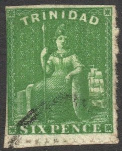 TRINIDAD-1859 6d Deep Green Pin Perf 12½ Sg 36 GOOD USED V41343