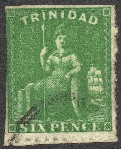 TRINIDAD-1859 6d Deep Green Pin Perf 12½ Sg 36 GOOD USED V41343