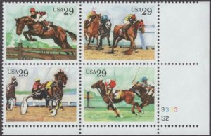 1993 Sporting Horses Plate Block of 4 29c Postage Stamps, Sc# 2756-2759, MNH, OG