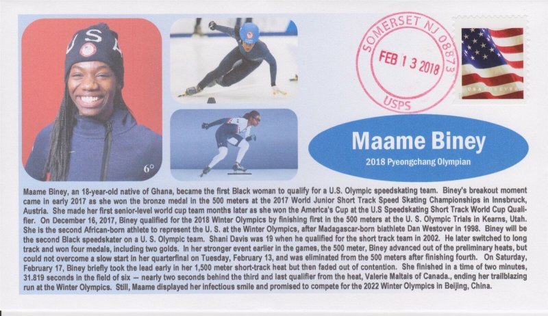 6° Cachets 2018 Winter Olympics Pyeongchang Maame Biney U.S. Speedskating