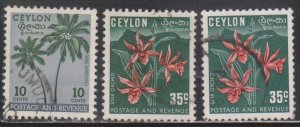 CEYLON Scott # 313-4, 314a Used - Cocoanut Palms & Star Orchid