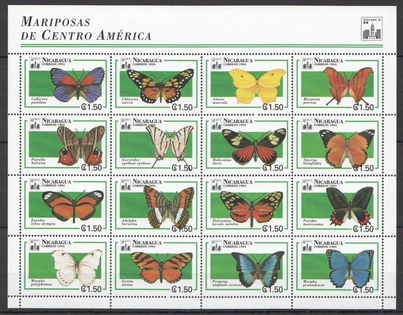Nicaragua MNH S/S 1984 Butterflies 1994 16 Stamps X-Large Size