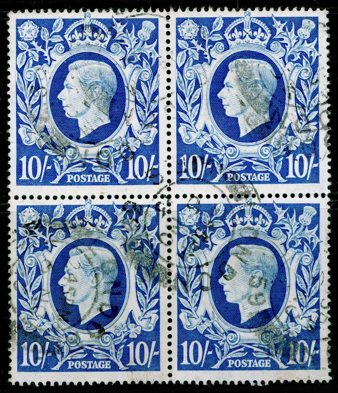 SG478b, 10s ultramarine, FINE USED. Cat £20+. BLOCK OF 4.