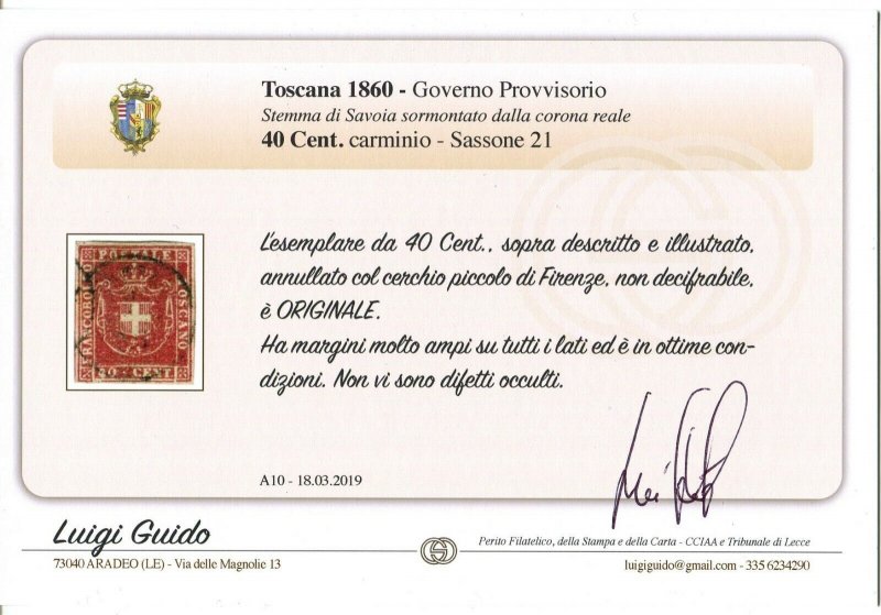 Tuscany 1860 Provisional Government 40 c carmine  Lot 617