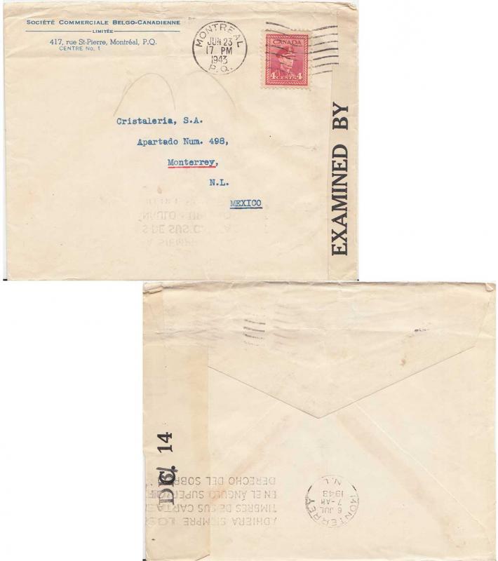 Canada 4c KGV War Issue 1943 Montreal, P.Q. to Monterrey, Mexico.  Corner car...