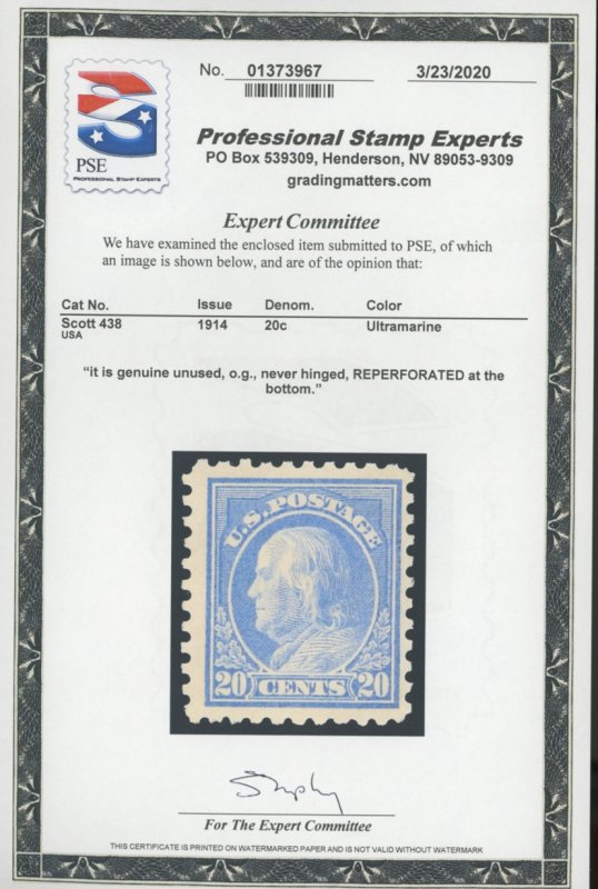 U.S. #438 MINT WITH PSE CERT OG NH