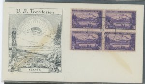 US 800 (1937) 3c alaska(part of the US Territory series) Block of four on an unaddressed toned First Day cover with an historic