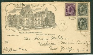 CANADA 1898, Acadia Seminary Hotel advertising cover Wolfville NS to US