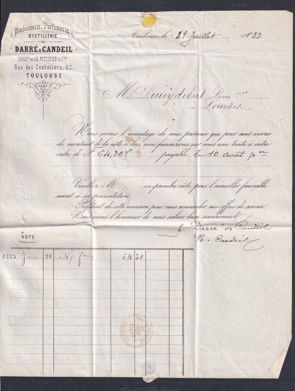 FRANCE 1883 15C SAGE ISSUE ON ‘DISTILLERY' FL TOULOUSE TO LOURDES W/ CONTENTS