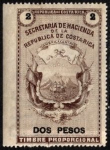 1882 Costa Rica Revenue 2 Pesos Coats of Arms General Tax Duty Unused