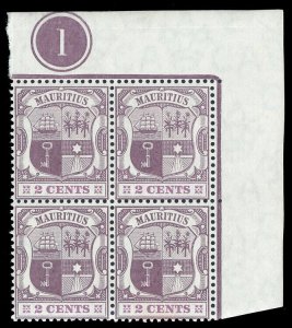 Mauritius 1905 KEVII 'Arms' 2c dull & bright purple Plate 1 block MNH. SG 165a.
