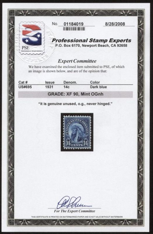 695 - 14 cent Perf 11x10.5  PSE Graded Cert: XF 90 Mint OGnh