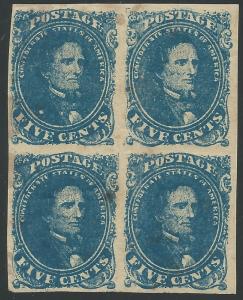 CSA Scott #4 Stone 2 Pos 13-14. 23-24 Mint OG Block of 4 Confederate Stamps