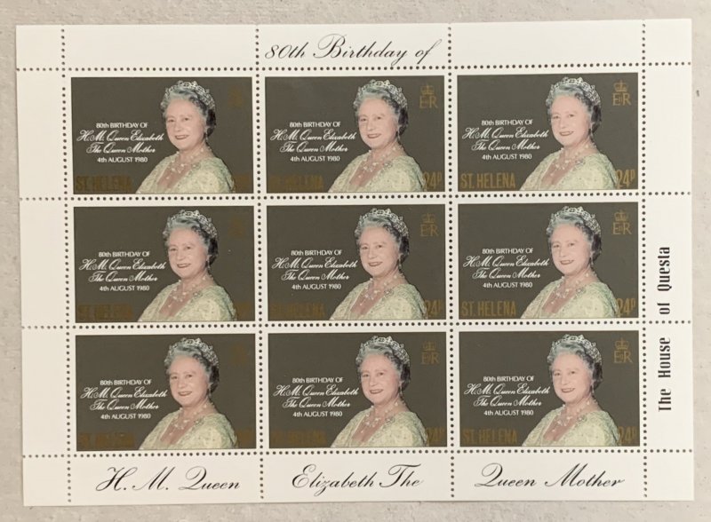 St. Helena 1980 Queen Mother Birthday sheetlet of 9, MNH. Scott 341, CV $4.50