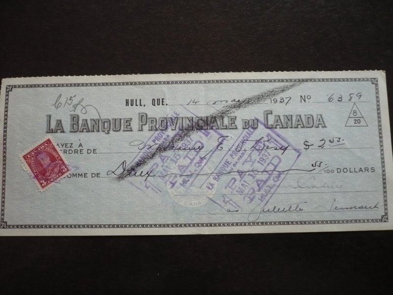 Canada - Revenue - KGV Pictorial Issue stamp on Cheque dated 1937