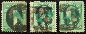 U.S. Used Stamp Scott #184 3c Washington Lot of 3. Letters Fancy Cancels (H,K,N)