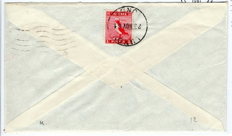 GB Devon Cover LUNDY 1 Puffin Stamp Sutton Coldfield 1961{samwells-covers}PE34 