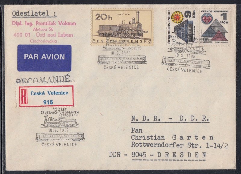 Czechoslovakia -Sep 18, 1989 Registered Cover to Germany DDR