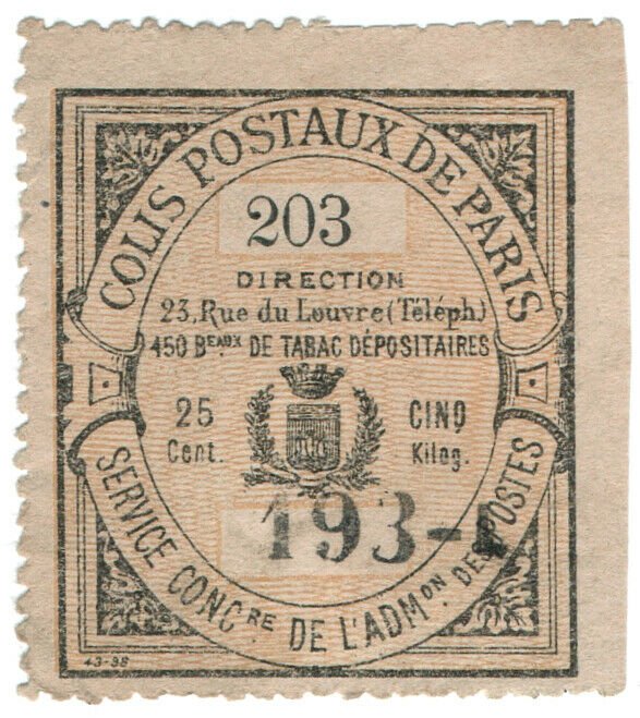 (I.B) France Local Post : Paris Parcel Delivery 25c (Colis Postaux)