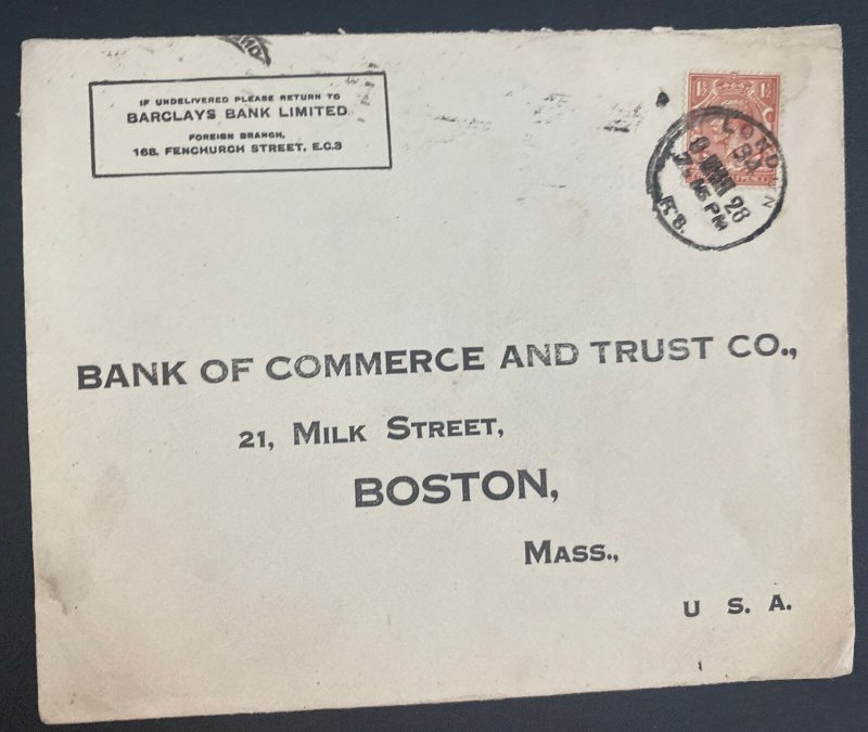 1928 London England Barkley’s Bank Commercial Cover To Boston MA Usa