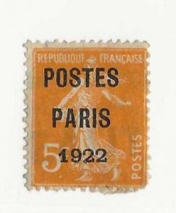 France 1922 ( Maury #P34 )  Postes Paris  5c precancel  used  Fine