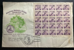 1933 Chicago Il USA First Day Cover Century Of Progress Souvenir Sheet Sc#731