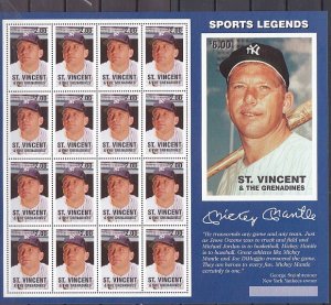St. Vincent, Scott cat. 2379. Mickey Mantle, Baseball star sheet of 16.