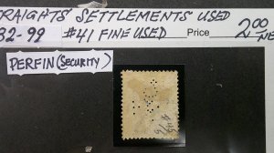 Straights Settlements 1882-1899 scott# 41 Fine Used Perfin.