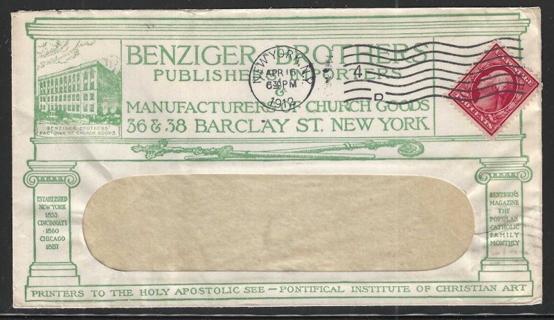 U.S., 2c Washington Used on 1912 Benziger Brothers 2 Sided Advertising Cover