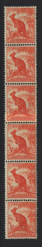 Australia Sc#223A Coil Paste Up strip of 6 - light hinge on 2 stamps