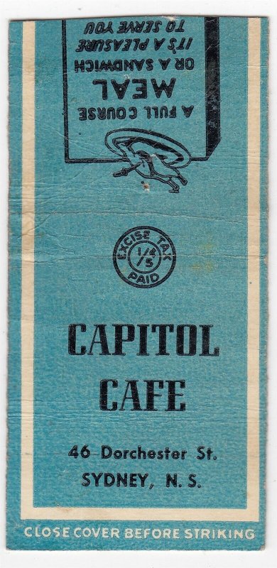 Canada Revenue 1/5¢ Excise Tax Matchbook CAPITOL CAFE Sydney, N.S.