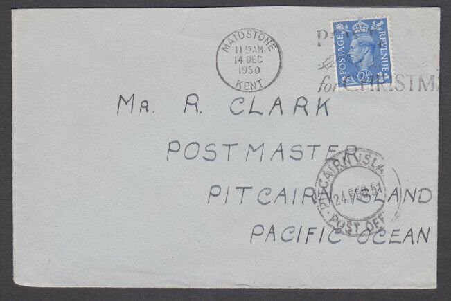 PITCAIRN 1951 inwards cover from GB with cds on front.......................M527