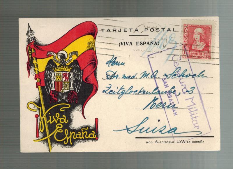 1938 San Sebastian Spain Civil War Postcard Cover to Switzerland