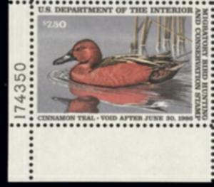 US Stamp #RW52 MNH -Cinnamon Teal on a Pond Plate Number Single