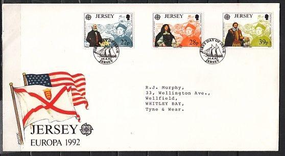 Jersey, Scott cat. 593-595. Discovery of America & Columbus. First day cover. ^