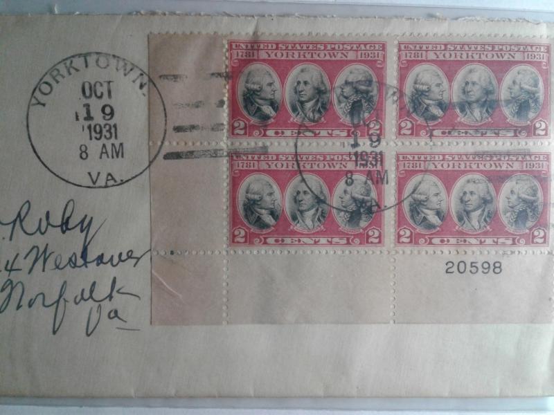 SCOTT # 703 YORKTOWN PLATE BLOCK FIRST DAY OF ISSUE !! VERY NICE !  1931 !!