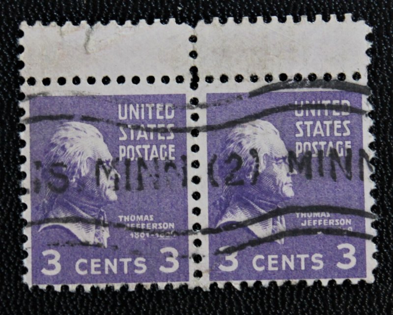 US #807 Pair Hard to find Used Gutter Snipe (1938) 3c Thomas Jefferson