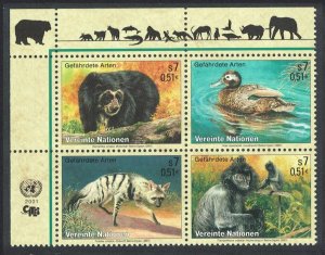 UN Vienna Birds Bear Duck Aardwolf Langur Block of 4v 2001 MNH SC#287a