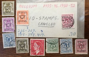 1935-1946, 1950-1952 Belgium Ten Stamps Used/Cancelled 266-269.388-398.419