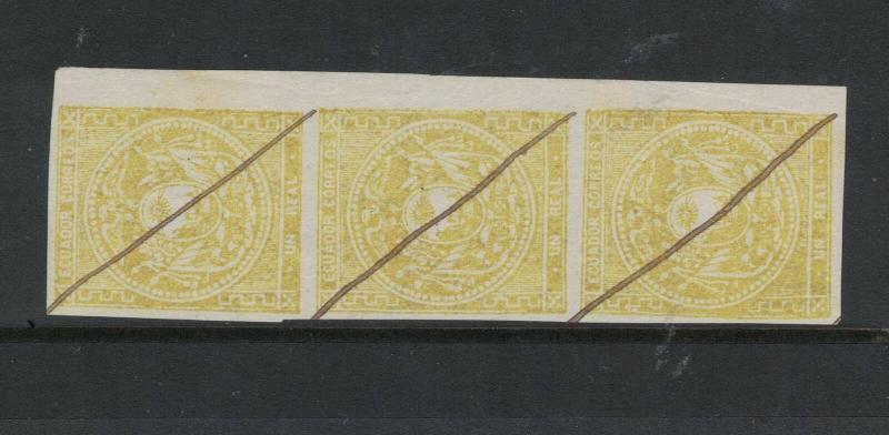 Ecuador SC 3 Strip of Three, Pen Defaced MOG (5dvt)