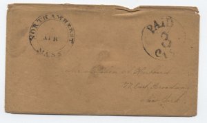 1850s North Amherst MA double circle postmark stampless cover paid 3cts [h.4632]