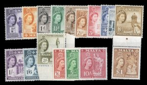 Malta #246-262 Cat$127.25, 1956-57 QEII, complete set, never hinged