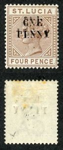 St Lucia SG55a 1d on 4d Brown Opt DOUBLED Fresh M/Mint (a few tone spots on rev