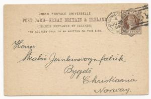 Great Britain H&G #10 Postal Card Glasgow to Norway July 26, 1889