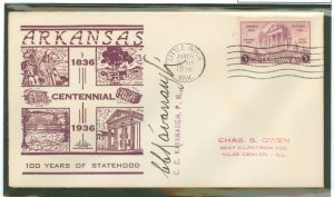 US 782 1936 3c Arkansas Statehood Centennial (single) on an addressed (hand stamp) first day cover with the Little Rock Postmast