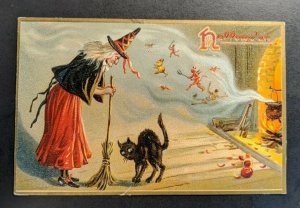 1908 Witch Black Cat Embossed Illustrated Halloween Postcard Cover Reading PA