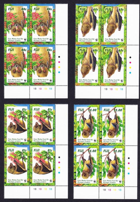 Fiji WWF Fijian Monkey-faced Bat 4 Bottom right Corner Blocks SG#986-989